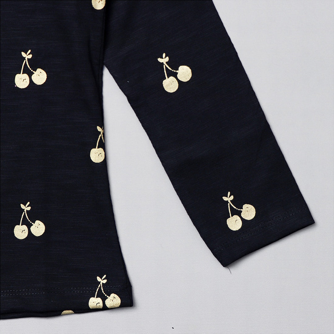 Full Sleeves Top for Girls with Cherry Patterns Close Up View