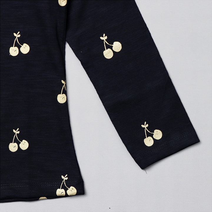 Full Sleeves Top for Girls with Cherry Patterns Close Up View