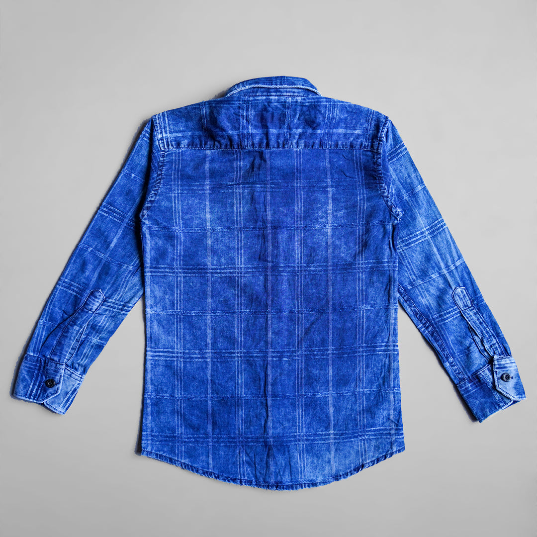 Blue Full Sleeve Checked Denim Shirt for Boys Back View