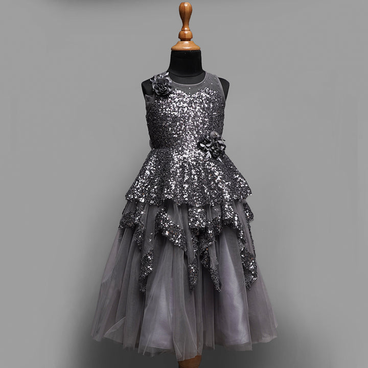 Grey Sequin Gown for Girls Front View