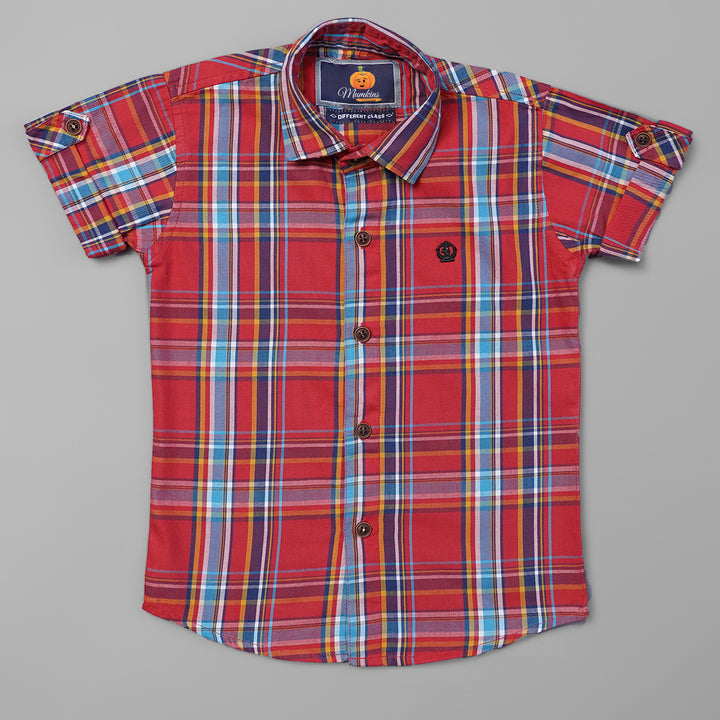 Red Blue Checked Half Sleeve Shirt for Boys Front View
