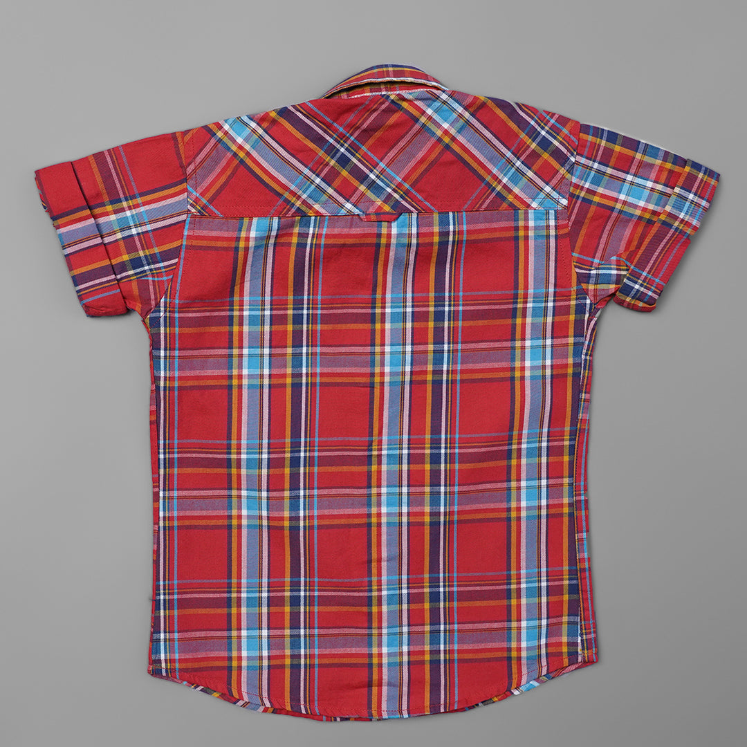 Red Blue Checked Half Sleeve Shirt for Boys Back View
