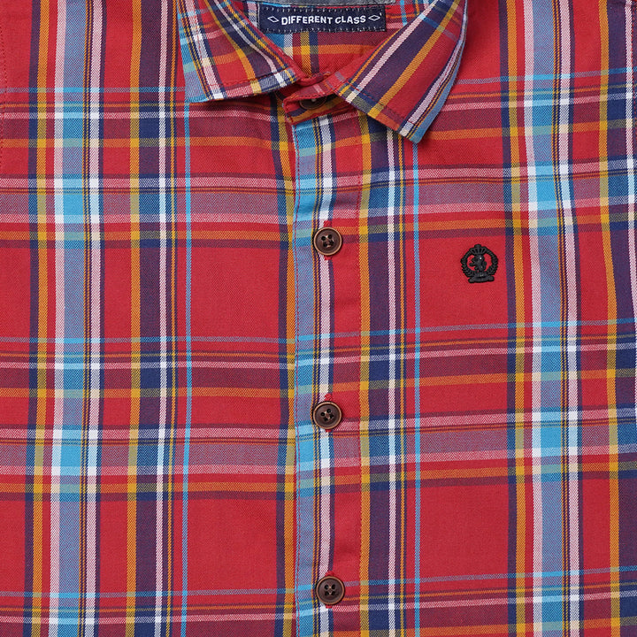 Red Blue Checked Half Sleeve Shirt for Boys Close Up View