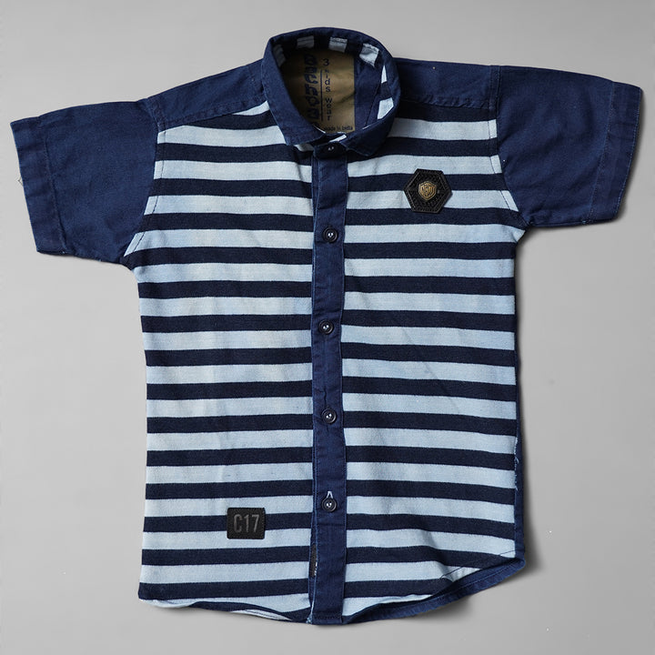 Blue Stylish Striped Half Sleeve Shirt for Boys Front View