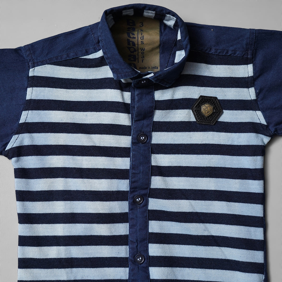 Blue Stylish Striped Half Sleeve Shirt for Boys Close Up View