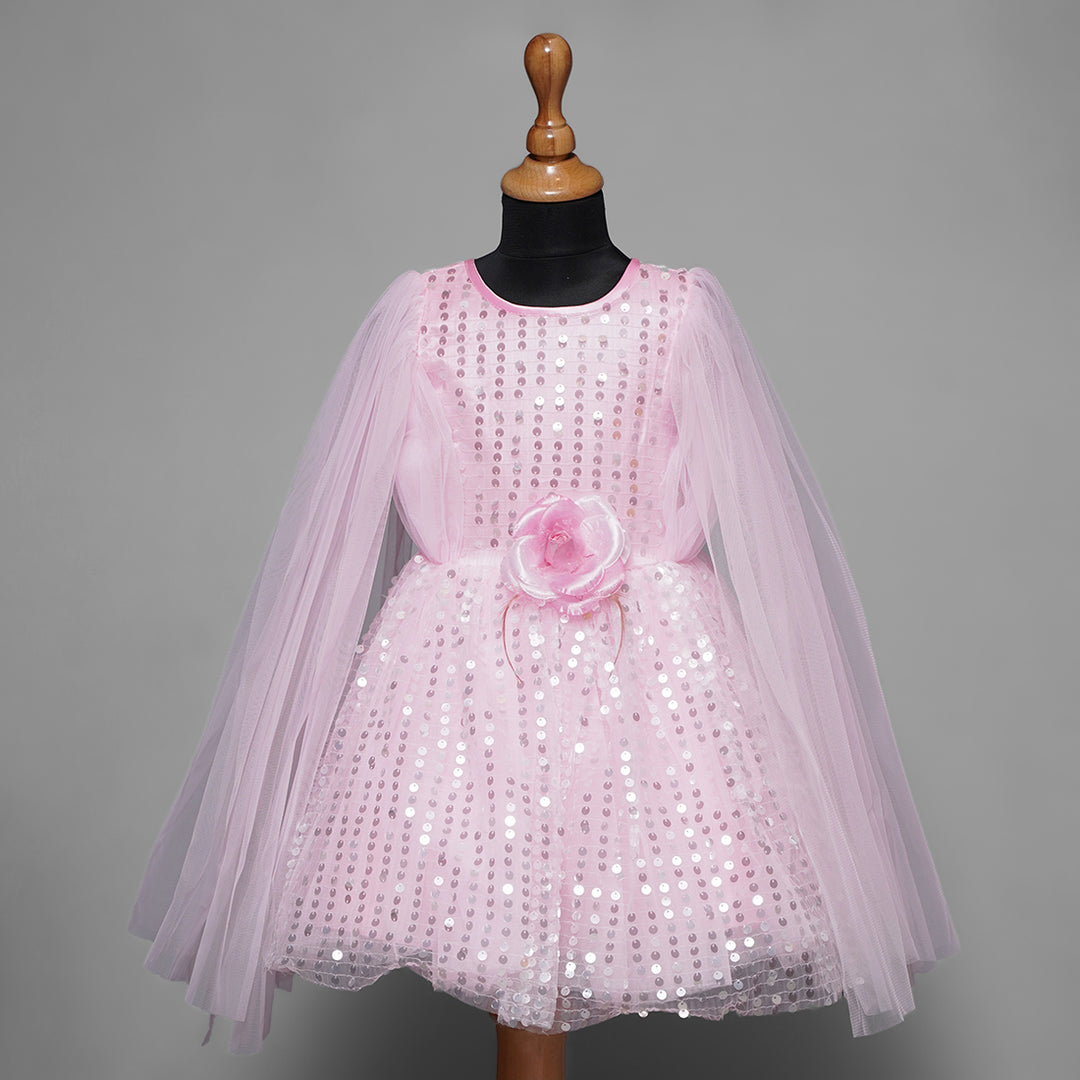 Baby Pink Sequin Frock For Girls with Cape Sleeves Front View