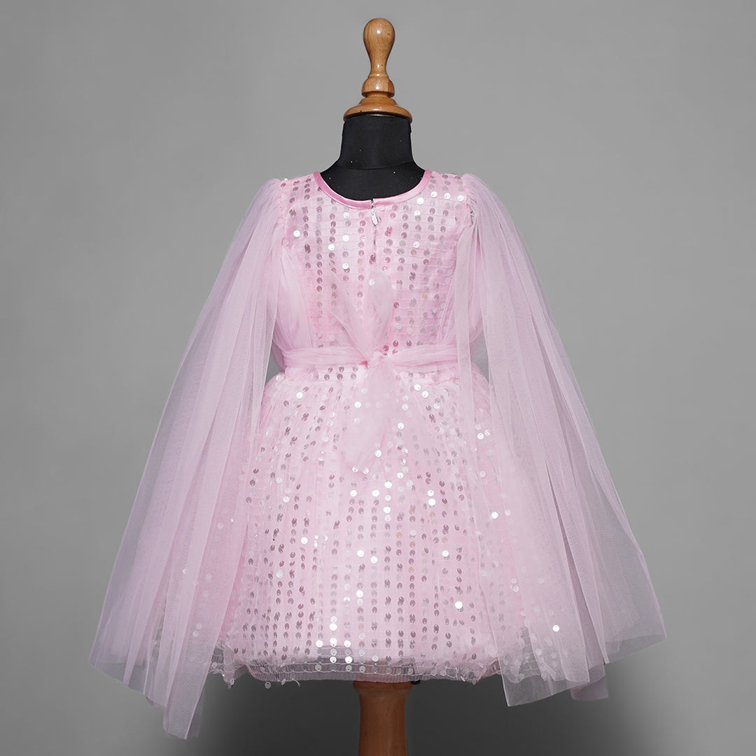 Baby Pink Sequin Frock For Girls with Cape Sleeves Back View