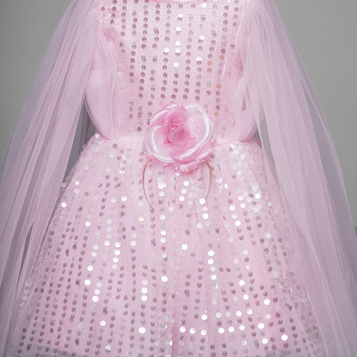 Baby Pink Sequin Frock For Girls with Cape Sleeves Close Up View