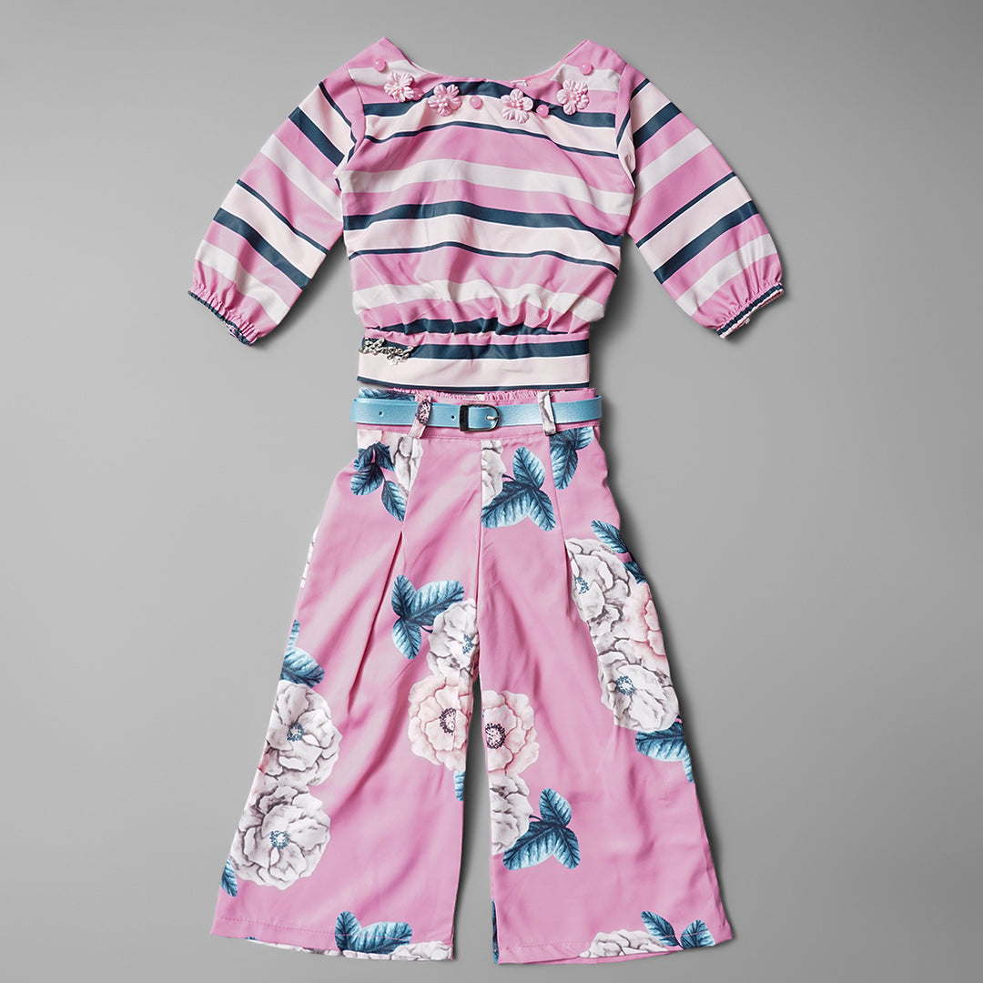 SASSY STRIP & FLORA PRINTED FULL SLEEVE PLAZO SET GS20953Pink