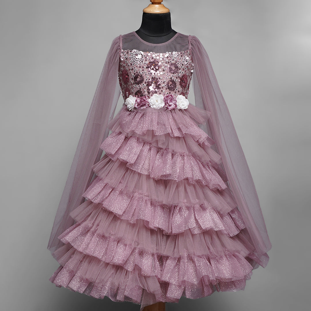 Onion Glittery Layered Gown for Girls Front View
