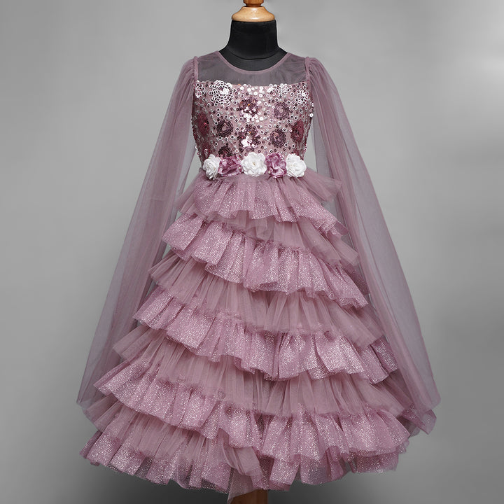 Onion Glittery Layered Gown for Girls Front View