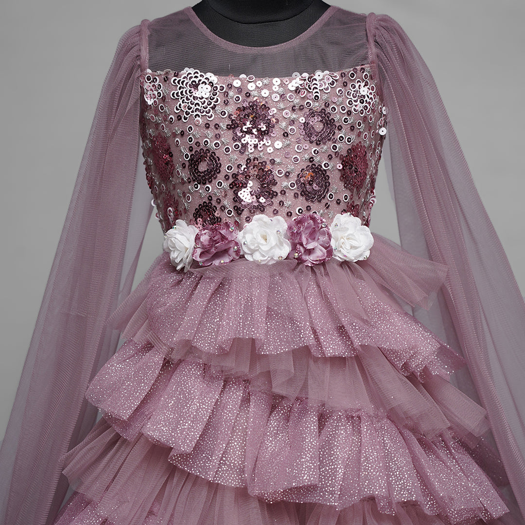Onion Glittery Layered Gown for Girls Close Up View