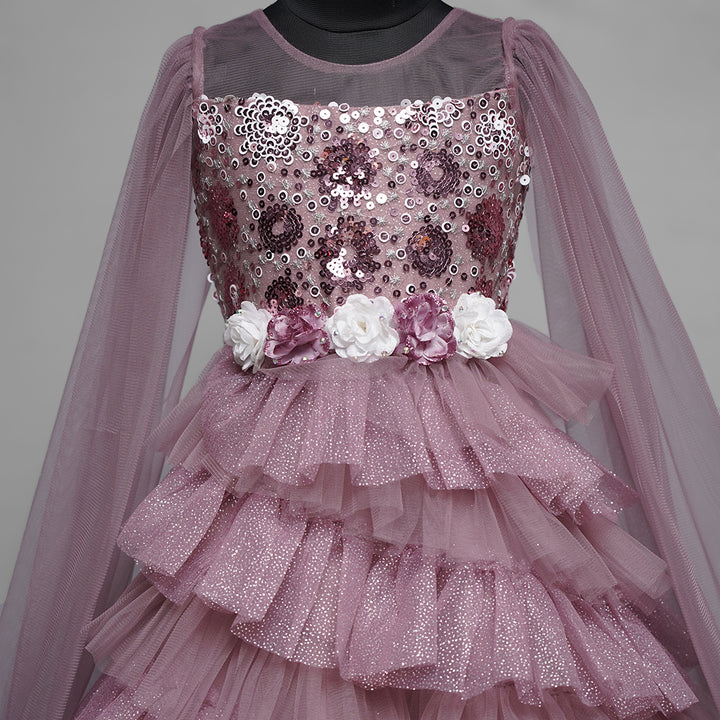 Onion Glittery Layered Gown for Girls Close Up View