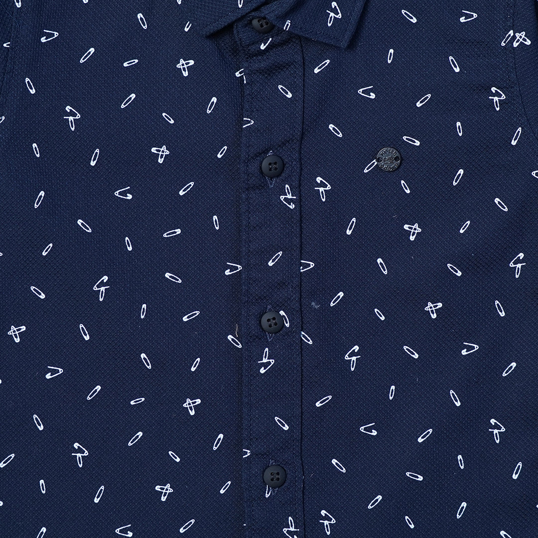Blue White Printed Full Sleeve Shirt for Boys Close Up View