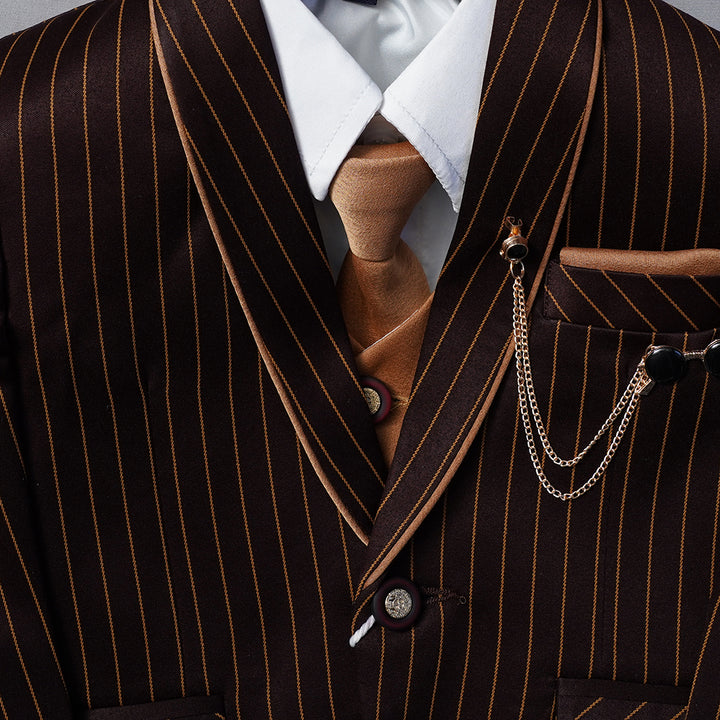 Coffee Color Striped Party Wear Boys Suit Close Up View