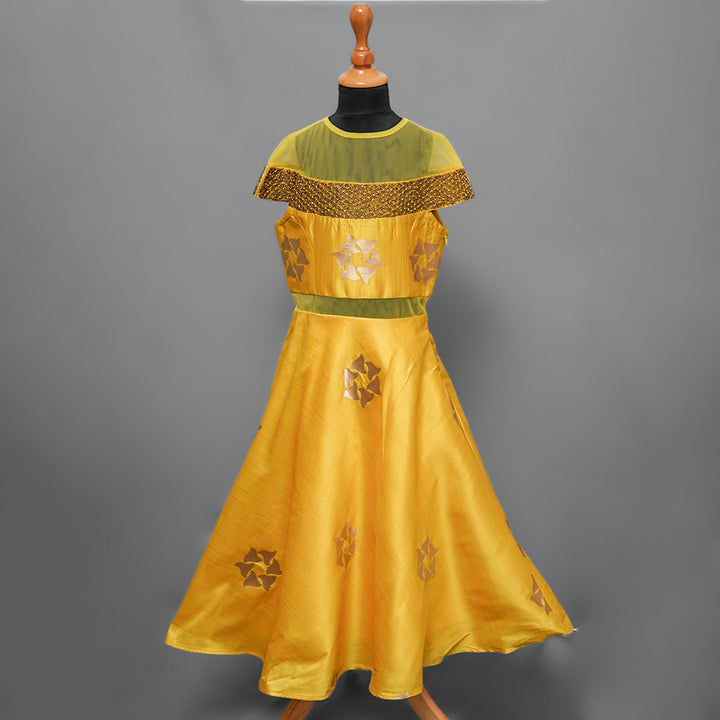 Golden Color Party Wear Gown for Kids Front View