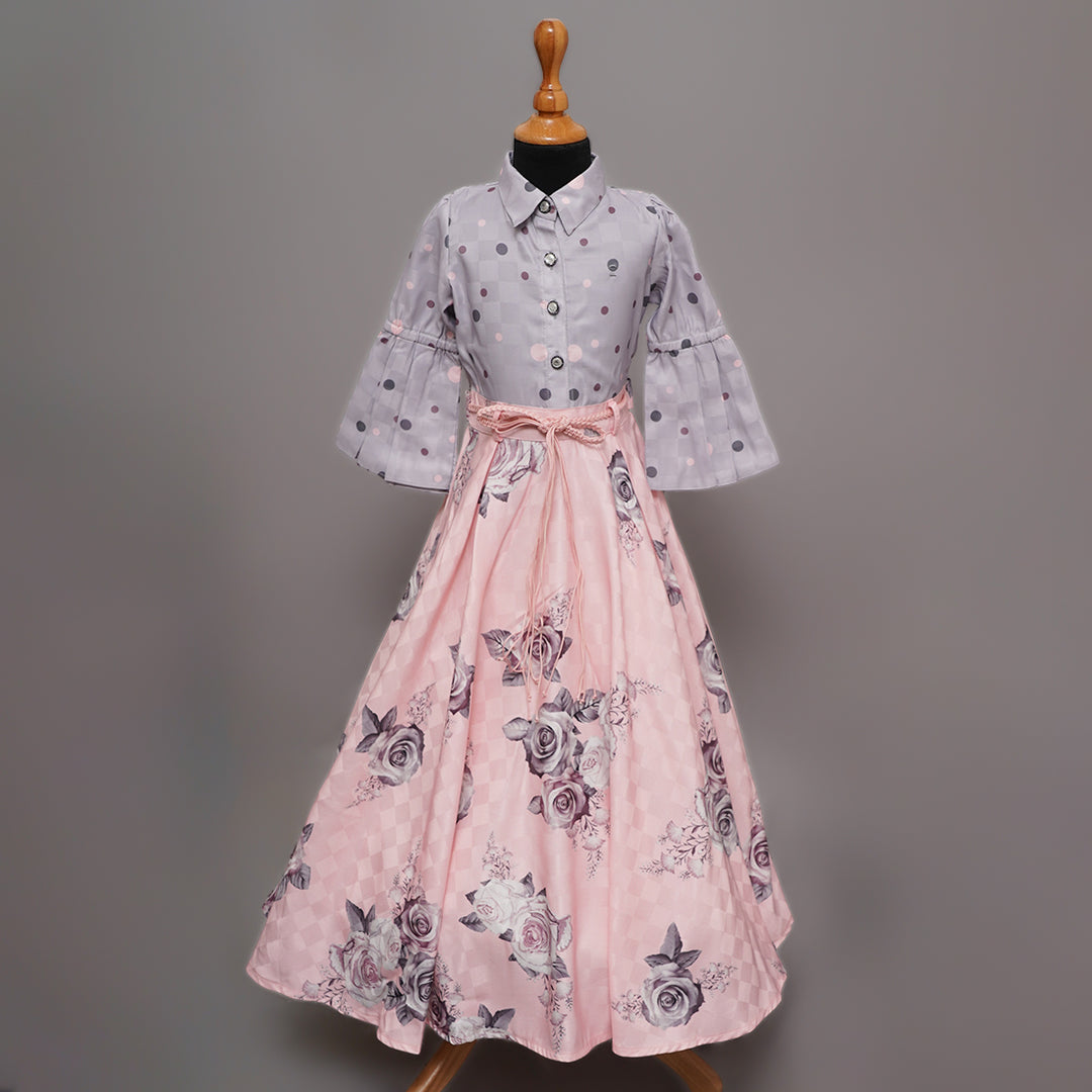 Grey Floral & Polka Dots Girls Gown Front View