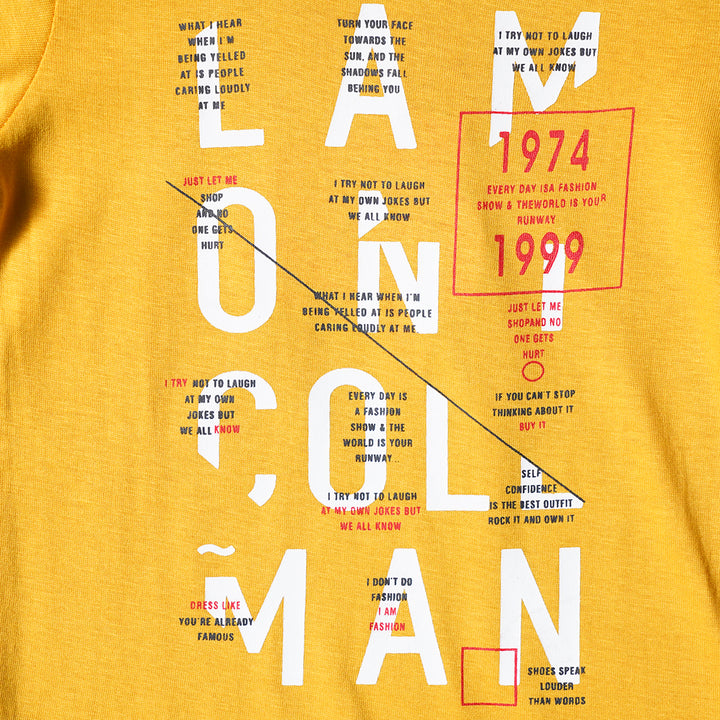 Mustard Calligraphy Stylish T-Shirt for Boys Close Up View