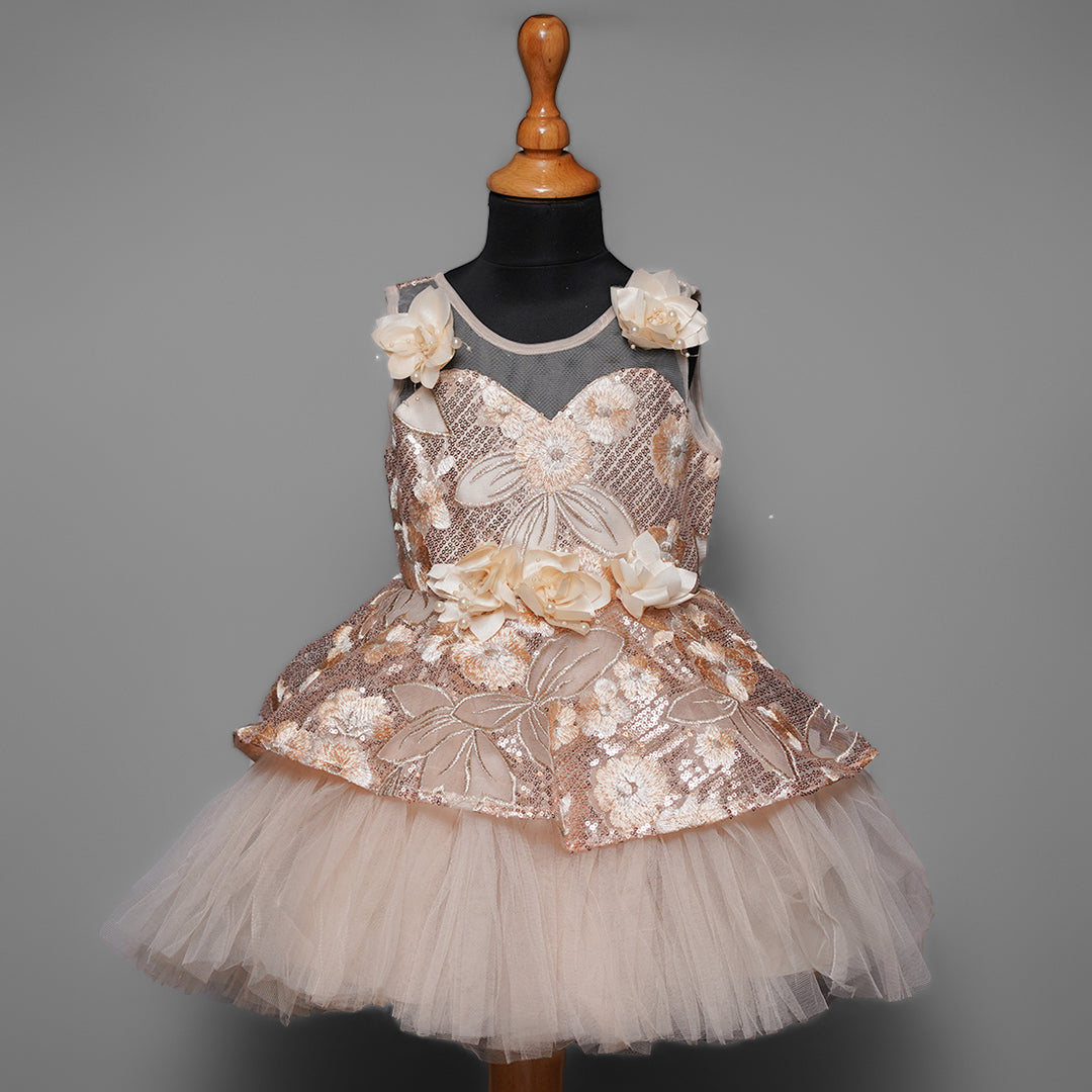 Peach & Grey Embroidered Frock for Girls Front View