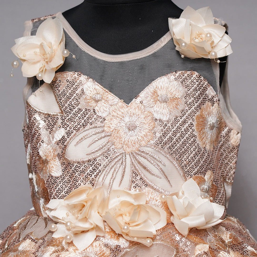 Peach & Grey Embroidered Frock for Girls Close Up View