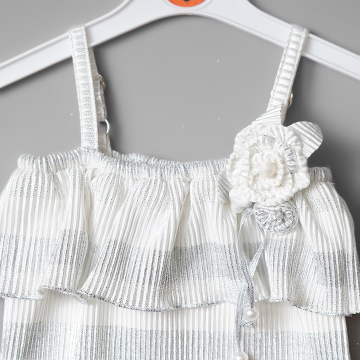 White Off Shoulder Girls Midi with Flower Close Up View