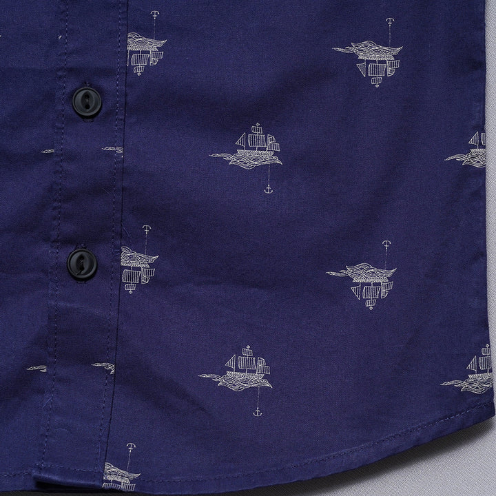 Blue Printed Half Sleeves Boys Shirt Close Up 