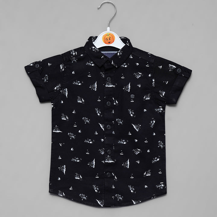 Black Printed Half Sleeves Shirts for Boys Front View