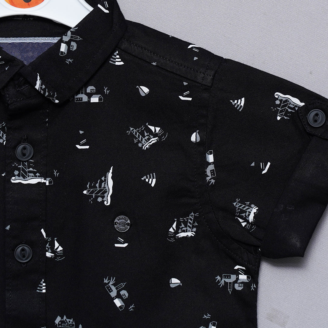 Black Printed Half Sleeves Shirts for Boys Close Up View