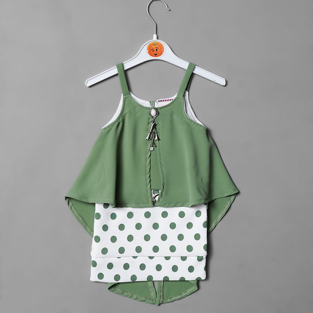 Green White Two Pcs Girls Midi Front View