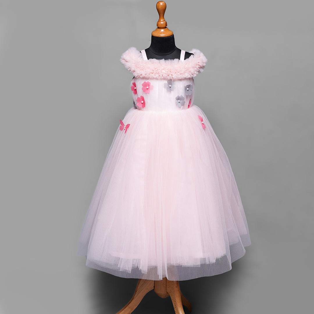 Pink & White Party Gown For Kids Front View