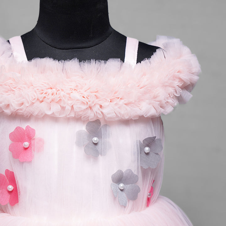 Pink & White Party Gown For Kids Close Up View