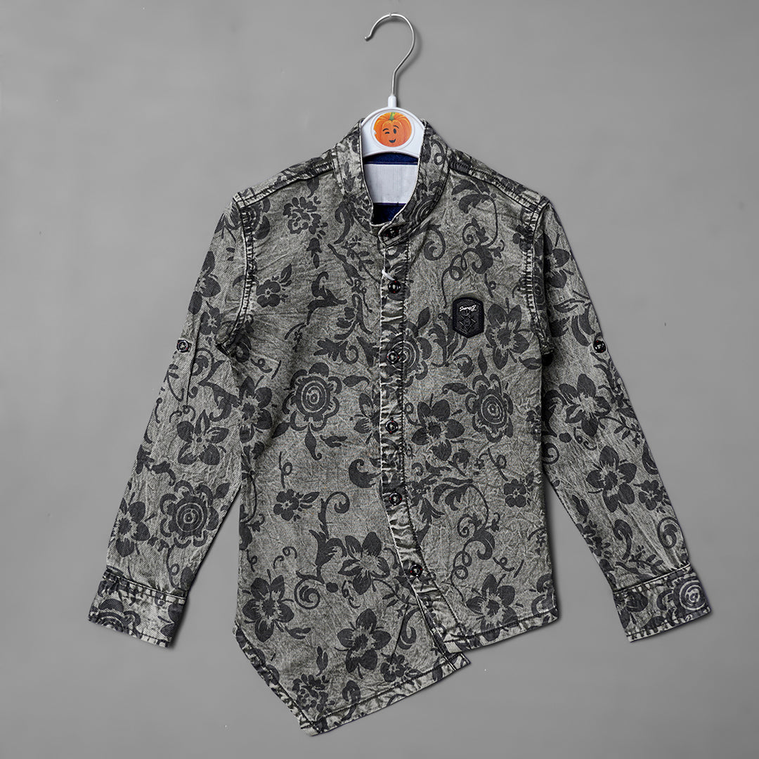 Beige Floral Print Shirts for Boys Front View