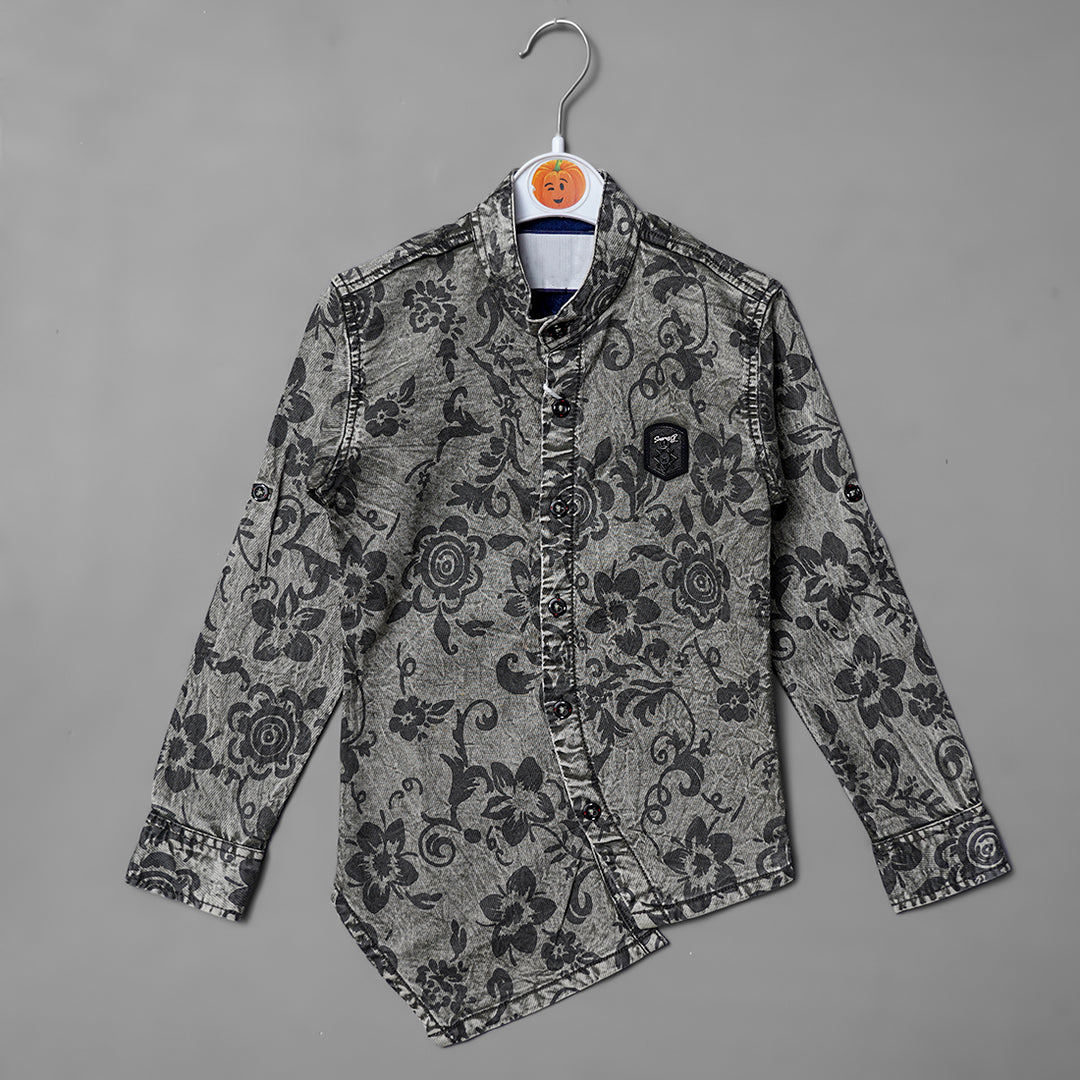 Beige Floral Print Shirts for Boys Front View