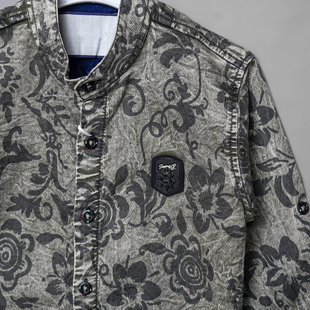Beige Floral Print Shirts for Boys Close Up View 