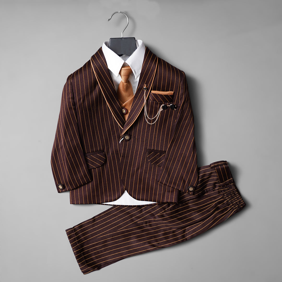 Coffee Color Striped Party Wear Boys Suit Front View