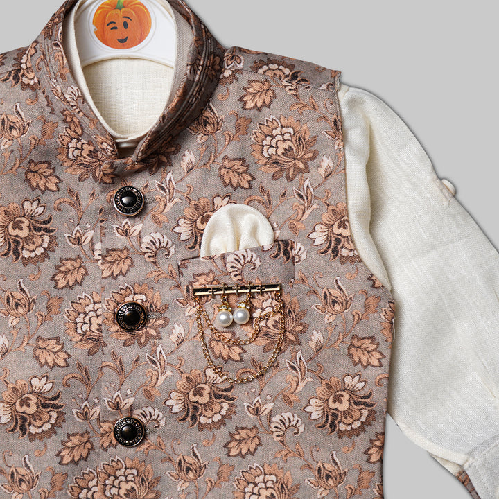 Kids Kurta Pajama with Brown Nehru Jacket Close Up View