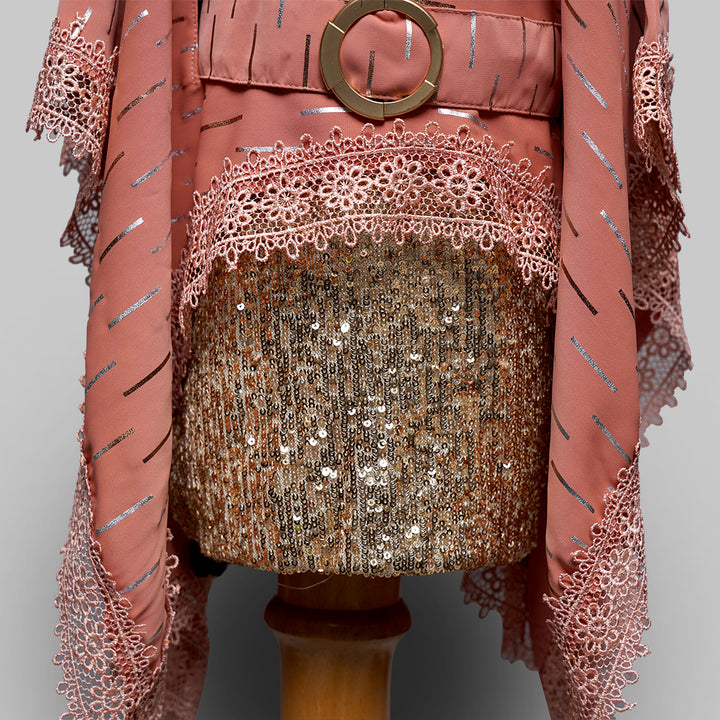 Peach White Shining Flared Sleeves Party Girls Midi Bottom Close Up View