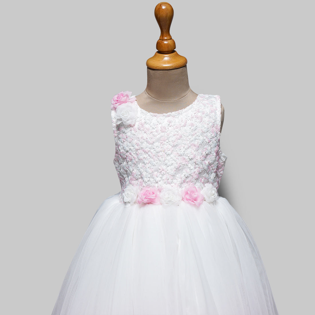 Designer White Gown With Floral Embellishments For Girls – Lagorii Kids