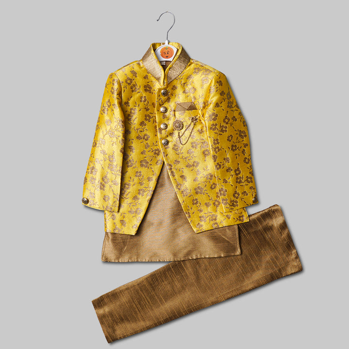 Yellow Brown Satin Boys Sherwani Front View