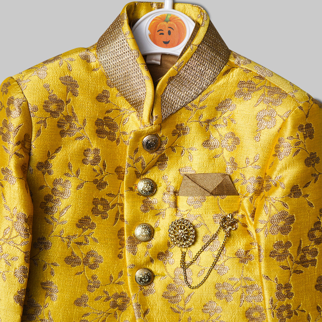 Yellow Brown Satin Boys Sherwani Close Up View