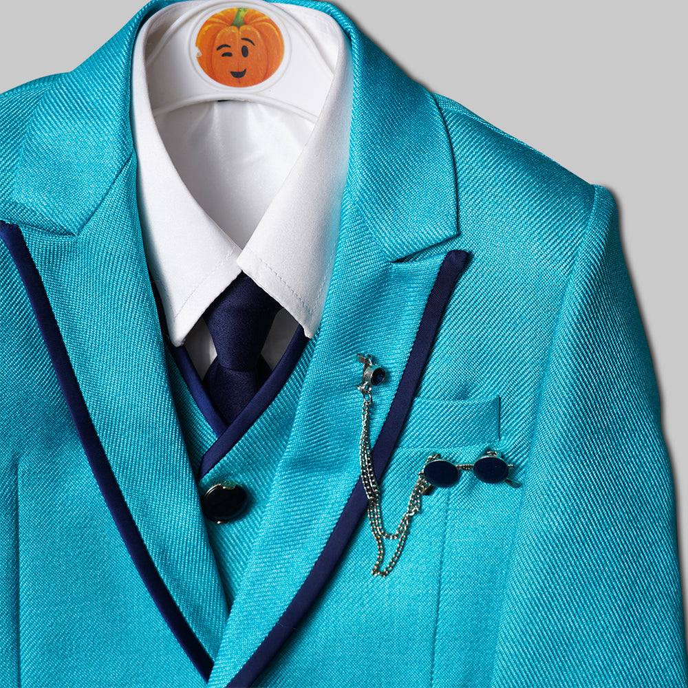 Turquoise & Orange Party Wear Boys Suit Close Up View