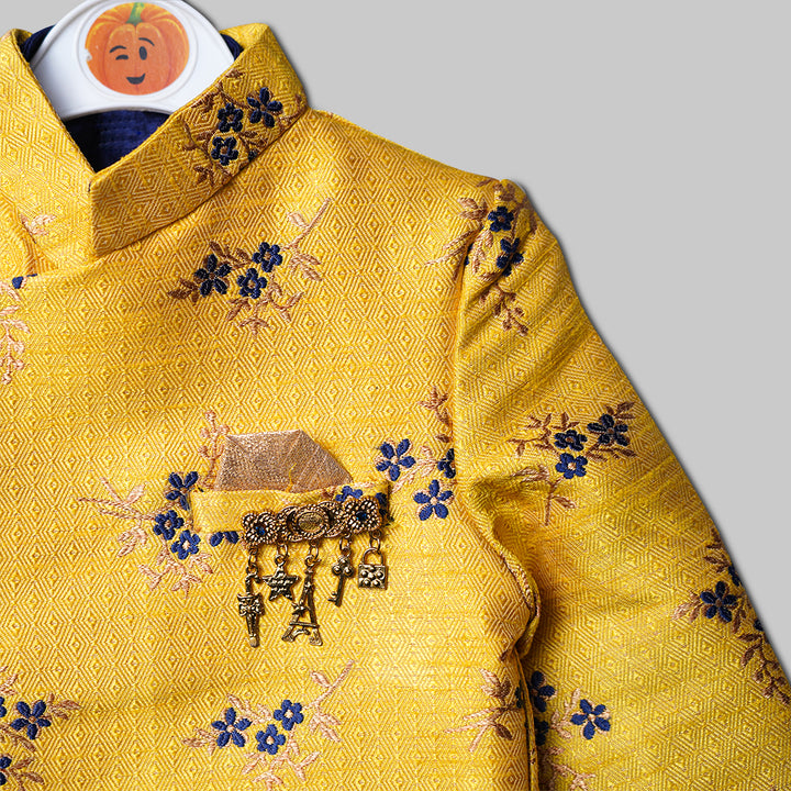 Golden Floral Boys Sherwani Close Up View