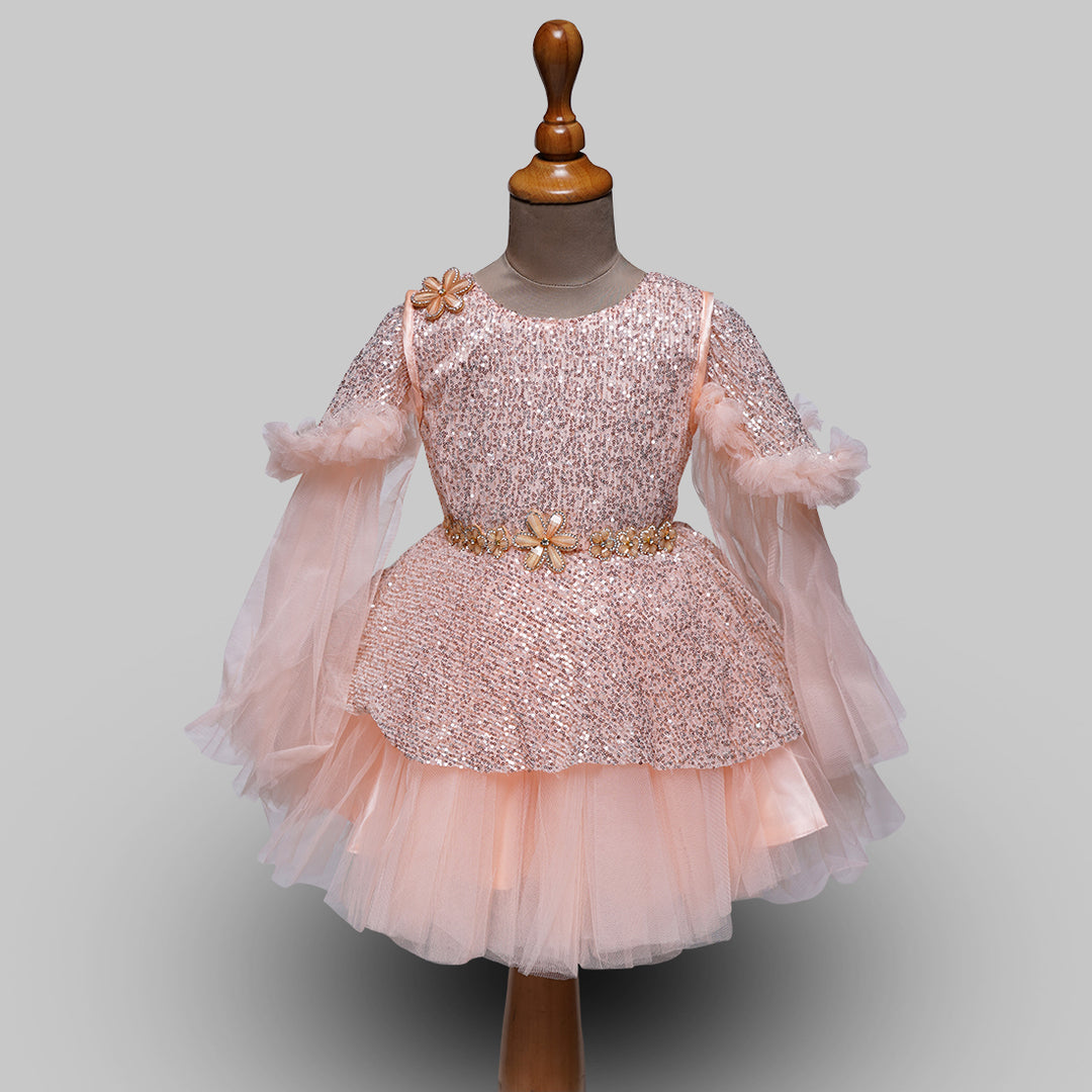 Sequin Peach Party Wear Baby Girls Frock Front View