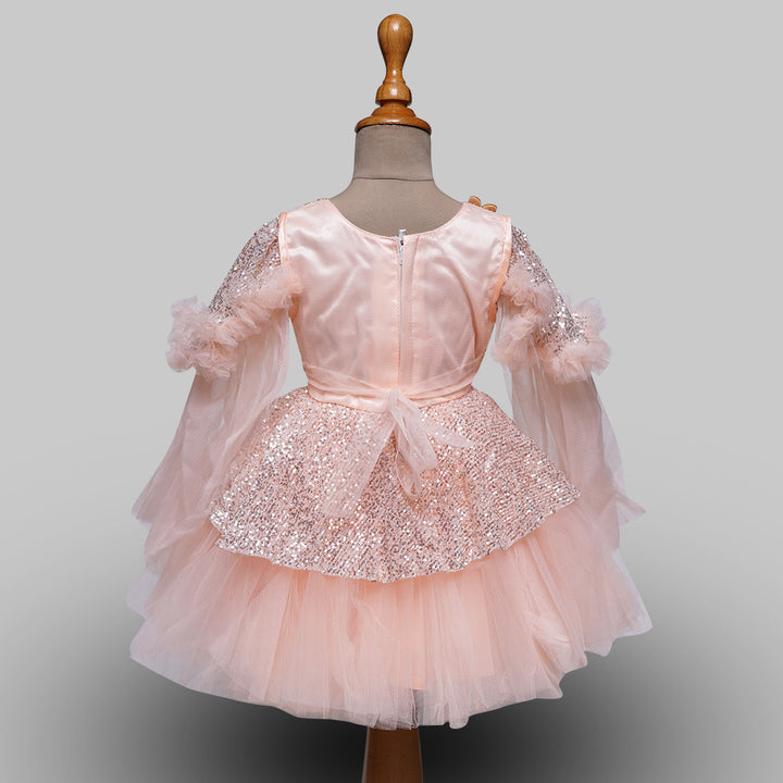 Sequin Peach Party Wear Baby Girls Frock Back View