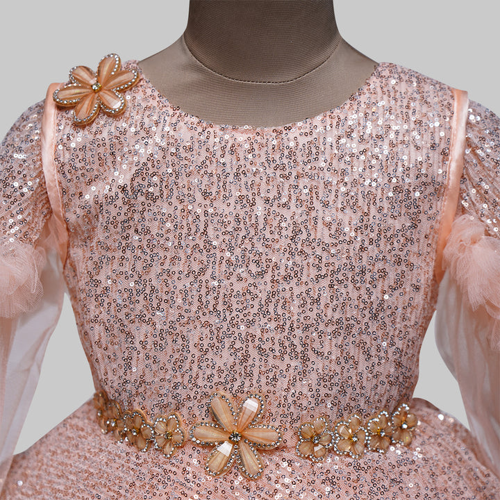 Sequin Peach Party Wear Baby Girls Frock Close Up View
