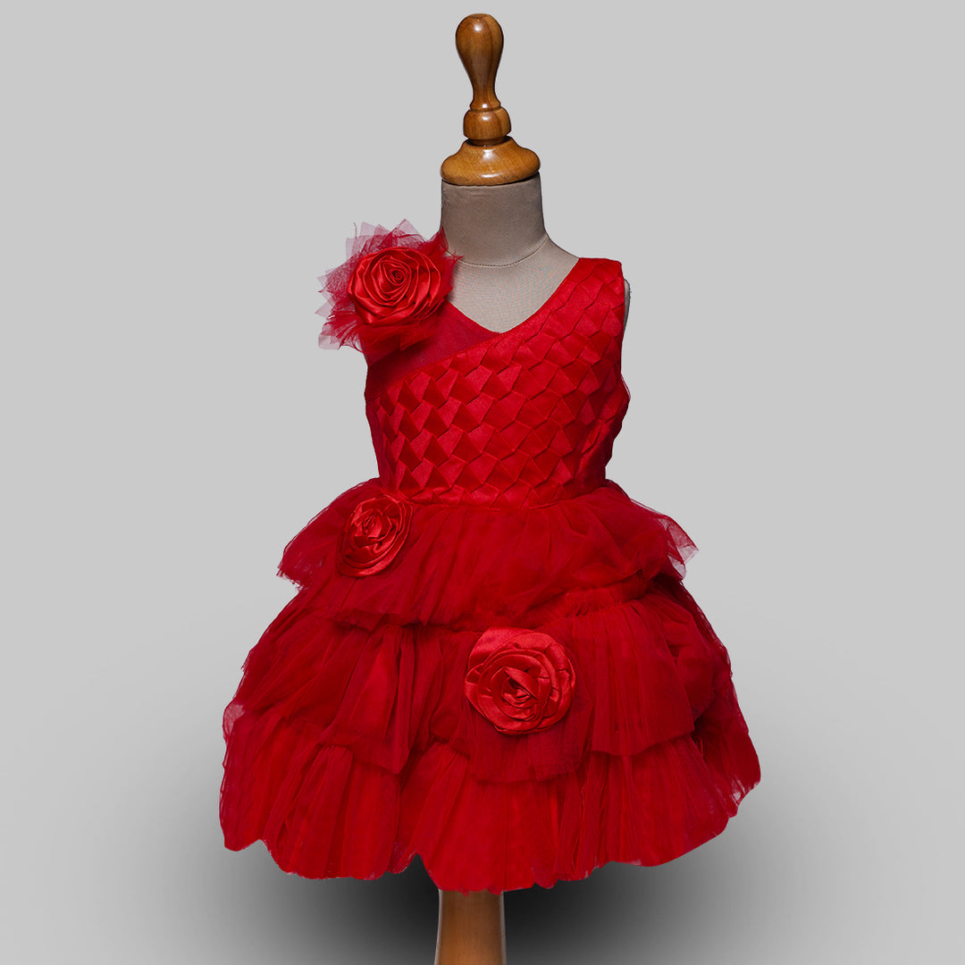 Pink and Red Frock for Girls in Net Pleats Red