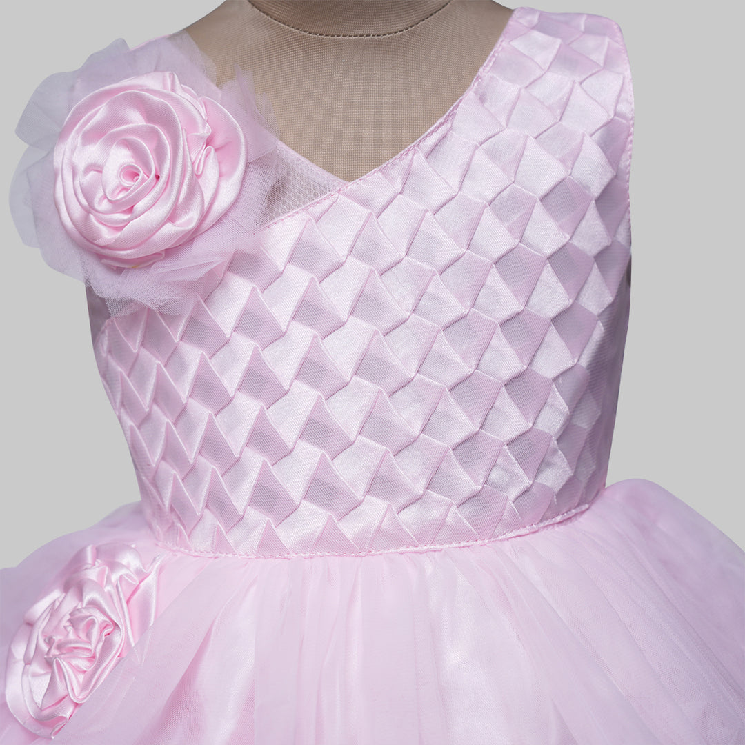 Pink and Red Frock for Girls in Net Pleats Close Up View