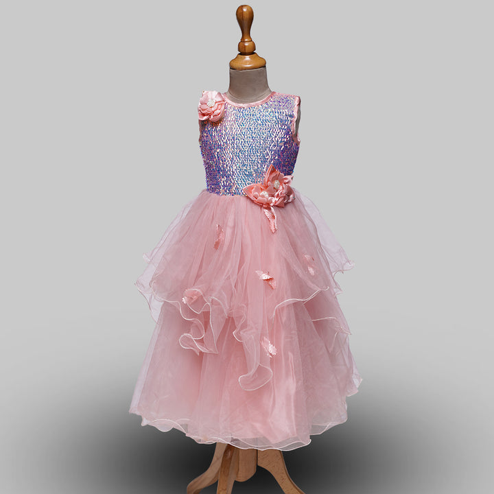 Peach & Sea Green Long Gown For Kids Front View