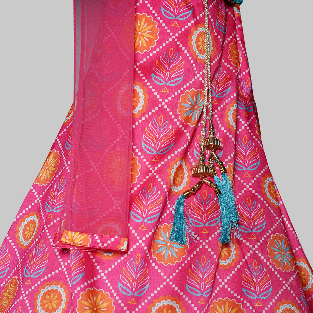 Rajasthani Style Floral Print Lehenga Choli Set GS211116Turquoise