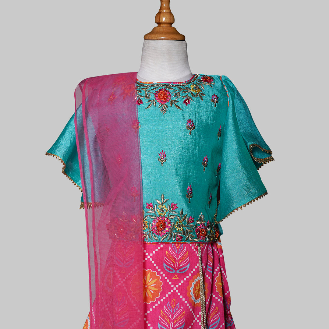 Rajasthani Style Floral Print Lehenga Choli Set GS211116Turquoise